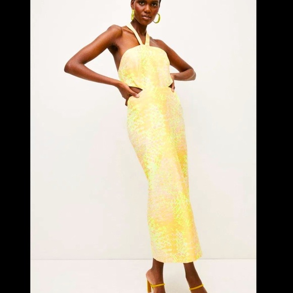 Karen Millen Jacquard Halter Midi Dress Yellow Peach Size 8 - Picture 1 of 16